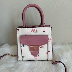 Coach North South Lonnie Mini Tote White Pink Floral‎ Heart Crossbody Bag C8331